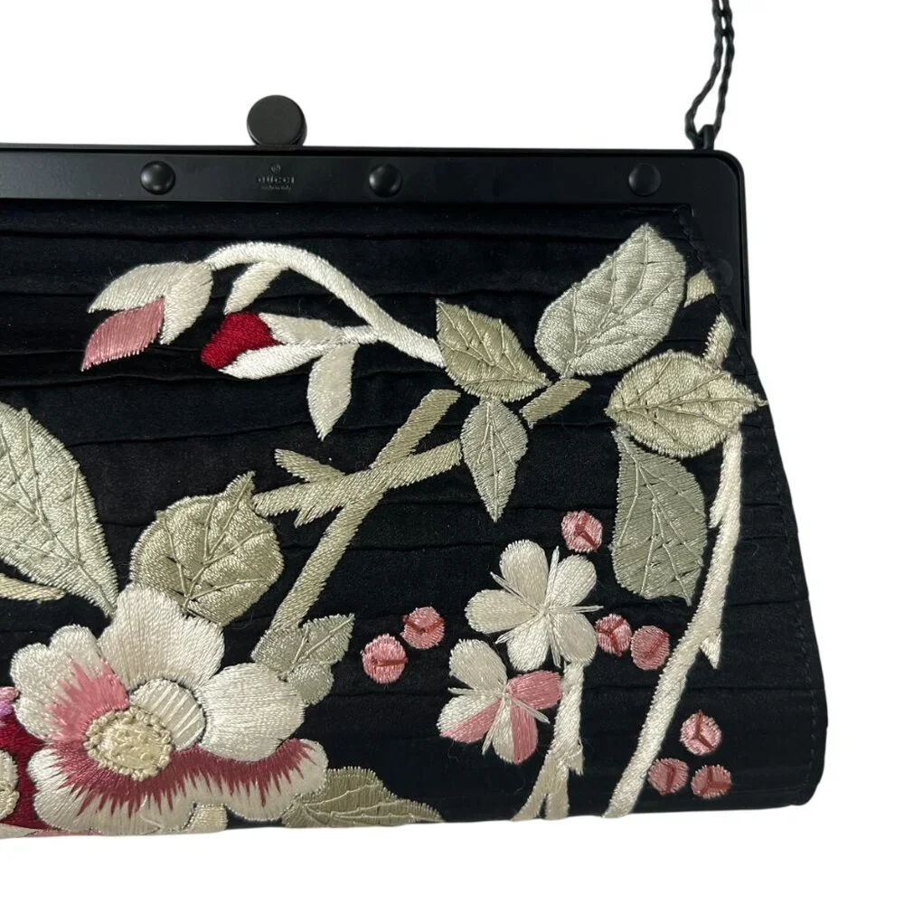 Gucci VINTAGE '03 Black Satin Pleated Multi Embroidered Tassel Mini Shoulder Bag - Picture 5 of 12
